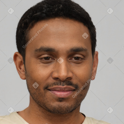 Neutral latino young-adult male with short  black hair and brown eyes