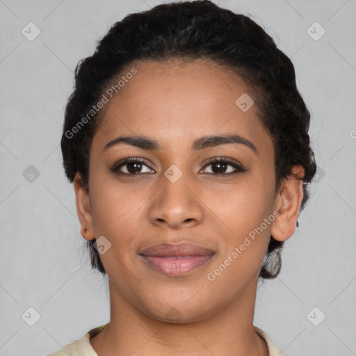 Joyful latino young-adult female with short  black hair and brown eyes