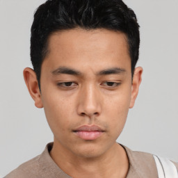 Neutral asian young-adult male with short  black hair and brown eyes