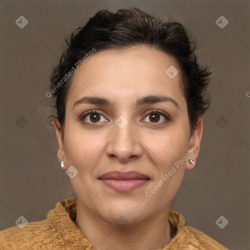 Joyful white young-adult female with short  brown hair and brown eyes