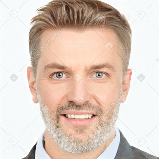 Joyful white adult male with short  brown hair and grey eyes