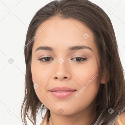 Joyful asian young-adult female with long  brown hair and brown eyes