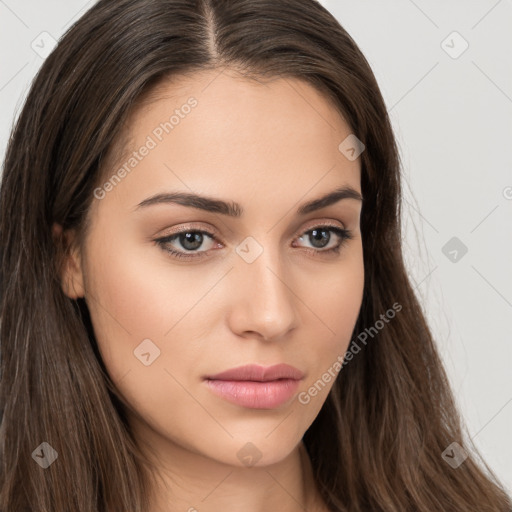 Neutral white young-adult female with long  brown hair and brown eyes