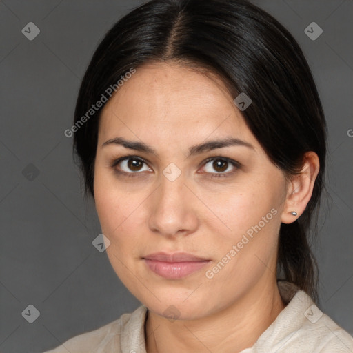 Neutral white young-adult female with medium  brown hair and brown eyes