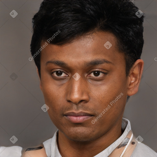 Neutral latino young-adult male with short  black hair and brown eyes