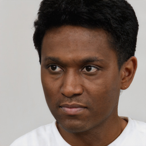 Neutral black young-adult male with short  black hair and brown eyes