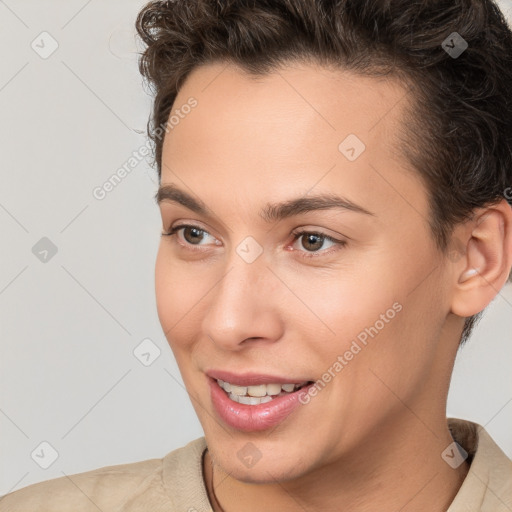 Joyful white young-adult female with short  brown hair and brown eyes