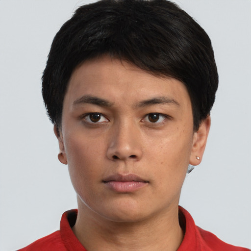 Neutral asian young-adult male with short  black hair and brown eyes
