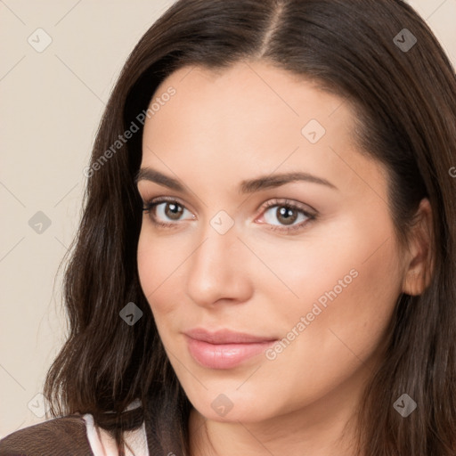 Neutral white young-adult female with long  brown hair and brown eyes