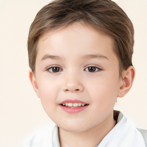 Joyful white child female with short  brown hair and brown eyes