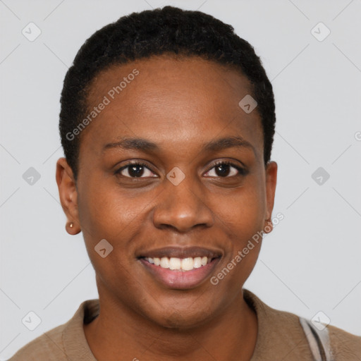 Joyful black young-adult female with short  brown hair and brown eyes