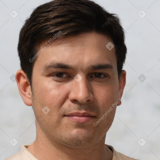 Neutral white young-adult male with short  brown hair and brown eyes