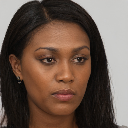 Neutral asian young-adult female with long  brown hair and brown eyes