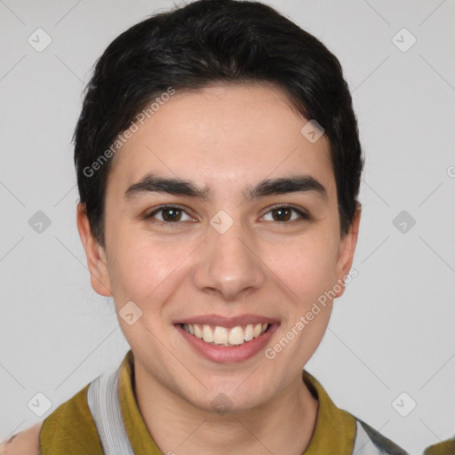 Joyful white young-adult male with short  brown hair and brown eyes