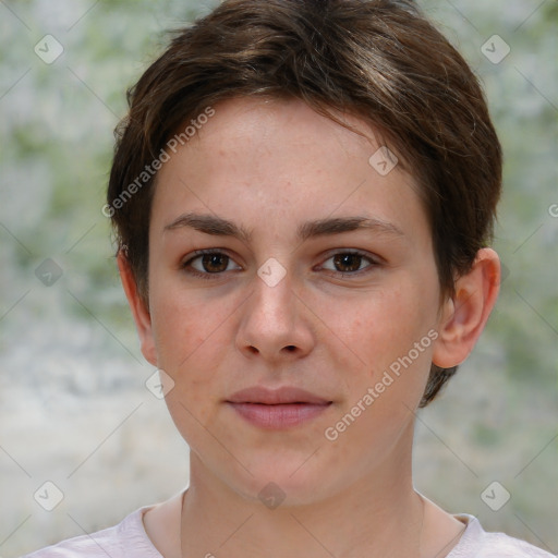 Neutral white young-adult female with short  brown hair and brown eyes