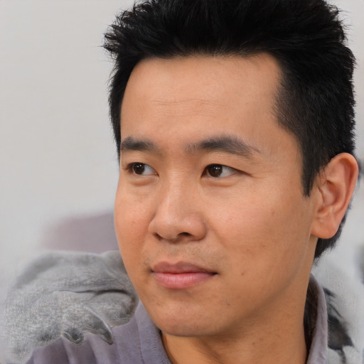 Joyful asian young-adult male with short  black hair and brown eyes