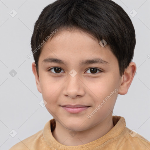 Joyful white child male with short  brown hair and brown eyes