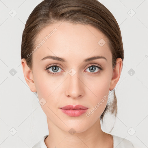 Neutral white young-adult female with medium  brown hair and grey eyes