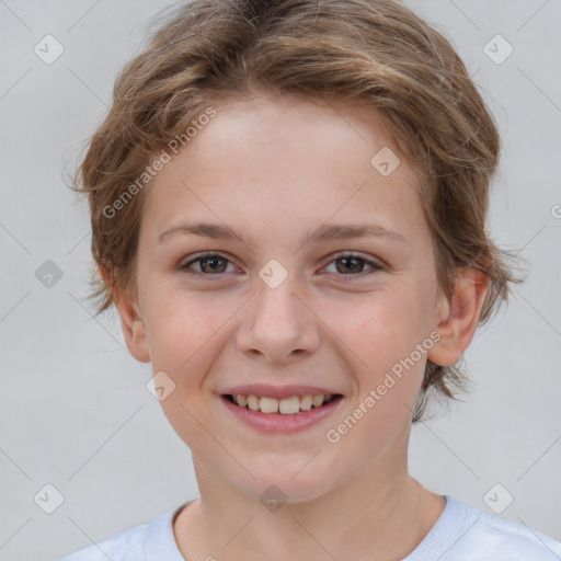 Joyful white child female with short  brown hair and brown eyes