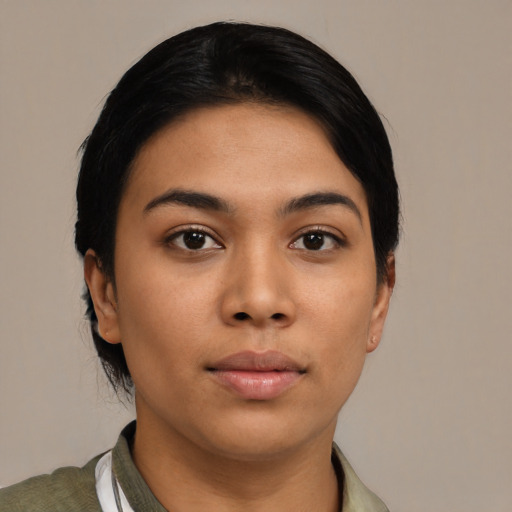 Neutral asian young-adult female with short  black hair and brown eyes