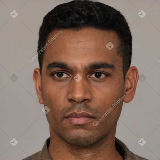 Neutral latino young-adult male with short  black hair and brown eyes