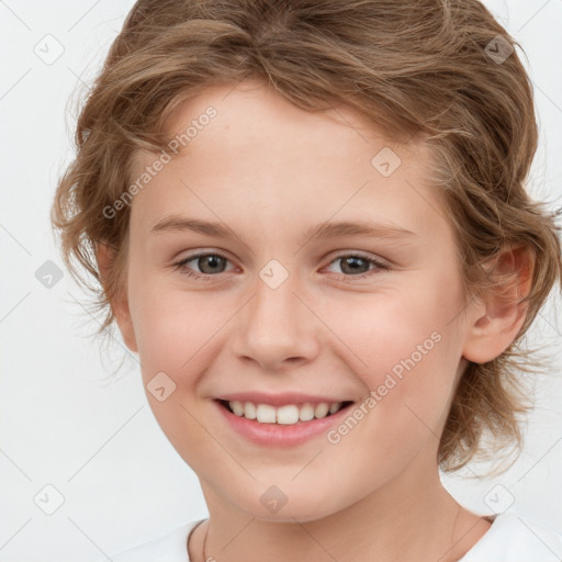 Joyful white child female with medium  brown hair and brown eyes