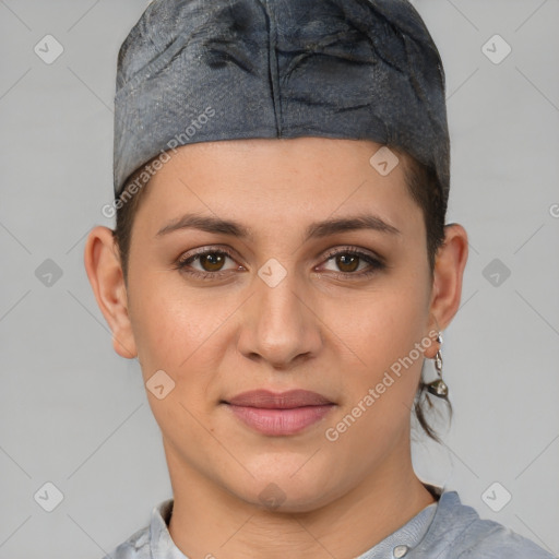 Joyful white young-adult female with short  brown hair and brown eyes