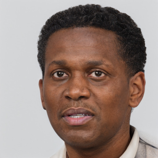 Neutral black adult male with short  black hair and brown eyes