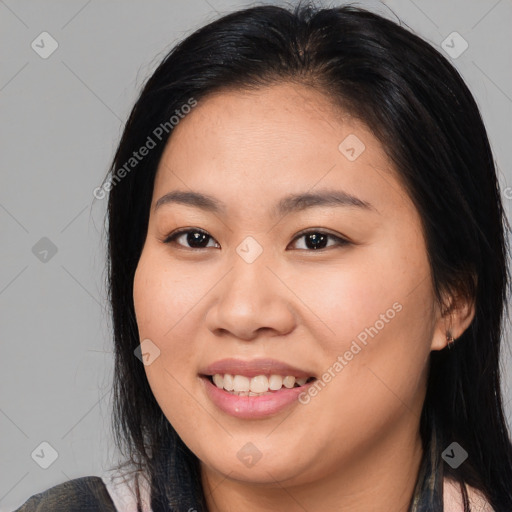 Joyful asian young-adult female with medium  black hair and brown eyes