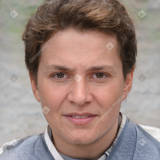 Joyful white adult male with short  brown hair and grey eyes