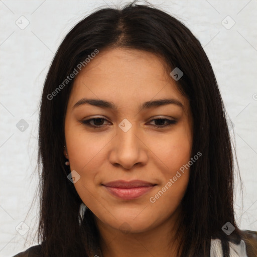 Joyful latino young-adult female with long  brown hair and brown eyes