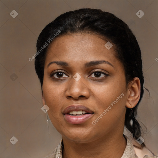 Joyful black young-adult female with medium  black hair and brown eyes