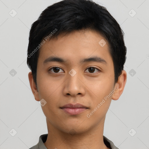 Neutral asian young-adult male with short  black hair and brown eyes