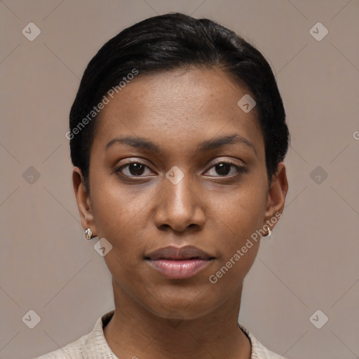 Joyful asian young-adult female with short  black hair and brown eyes