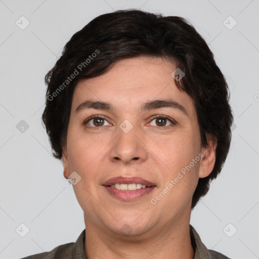 Joyful white adult female with short  brown hair and brown eyes