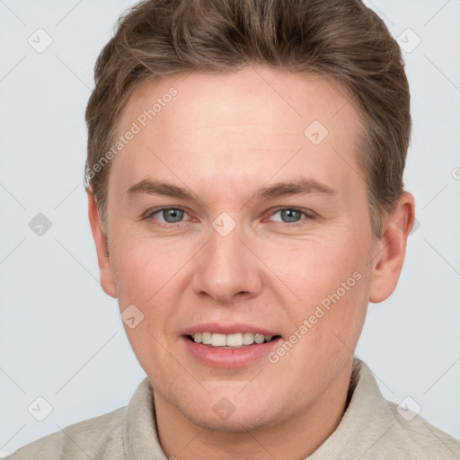 Joyful white adult female with short  brown hair and grey eyes