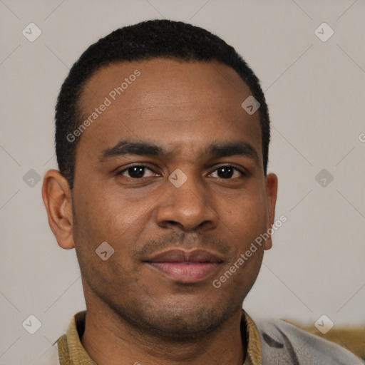 Neutral latino young-adult male with short  brown hair and brown eyes