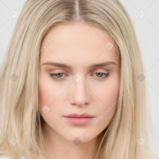 Neutral white young-adult female with long  brown hair and grey eyes