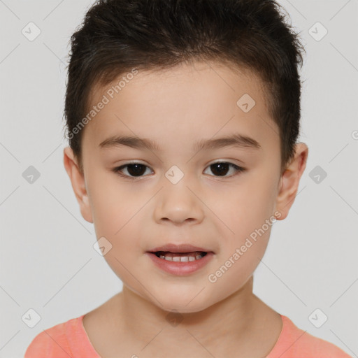 Joyful white child female with short  brown hair and brown eyes