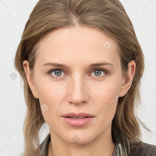 Neutral white young-adult female with medium  brown hair and grey eyes