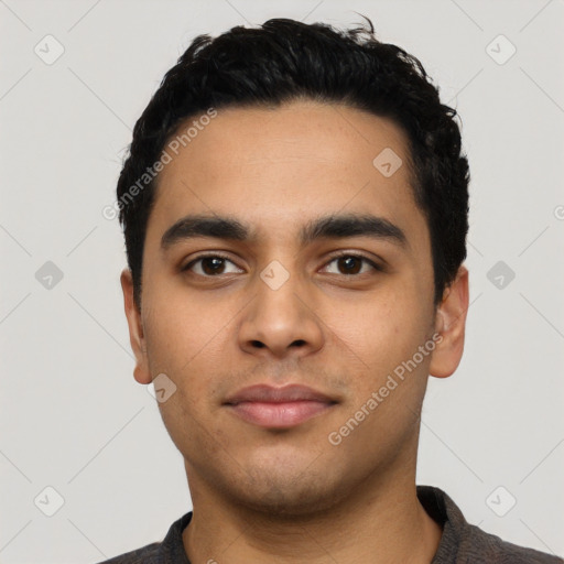 Neutral latino young-adult male with short  black hair and brown eyes