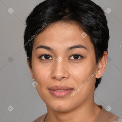 Joyful asian young-adult female with short  brown hair and brown eyes