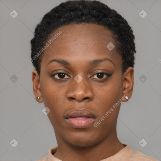 Neutral black young-adult female with short  black hair and brown eyes