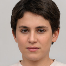 Neutral white young-adult female with short  brown hair and brown eyes