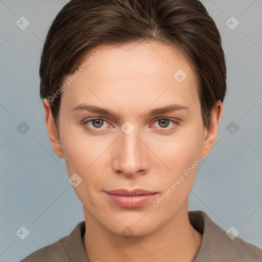 Neutral white young-adult female with short  brown hair and brown eyes