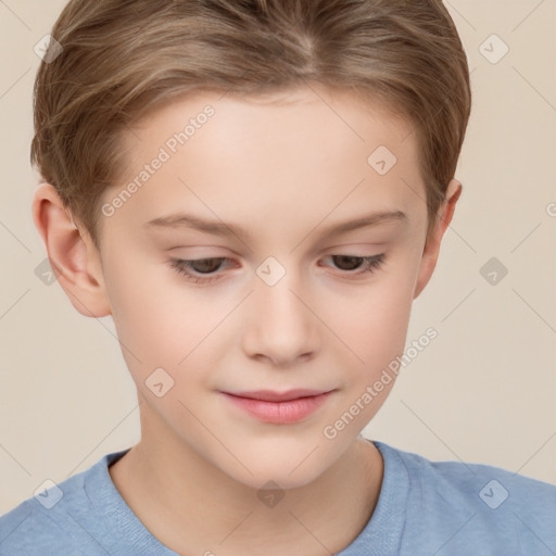 Joyful white child female with short  brown hair and brown eyes