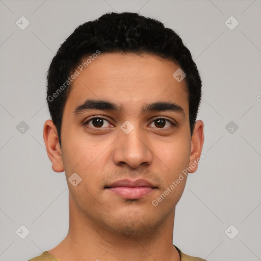 Neutral latino young-adult male with short  black hair and brown eyes
