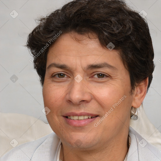 Joyful white adult female with short  brown hair and brown eyes