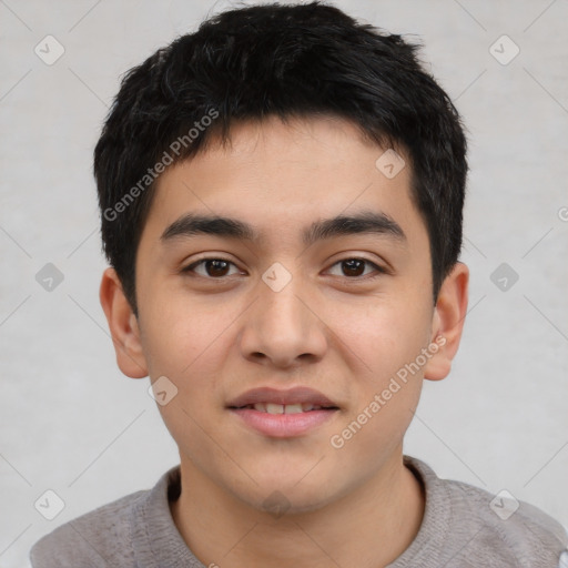 Joyful asian young-adult male with short  black hair and brown eyes