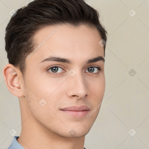 Neutral white young-adult male with short  brown hair and brown eyes